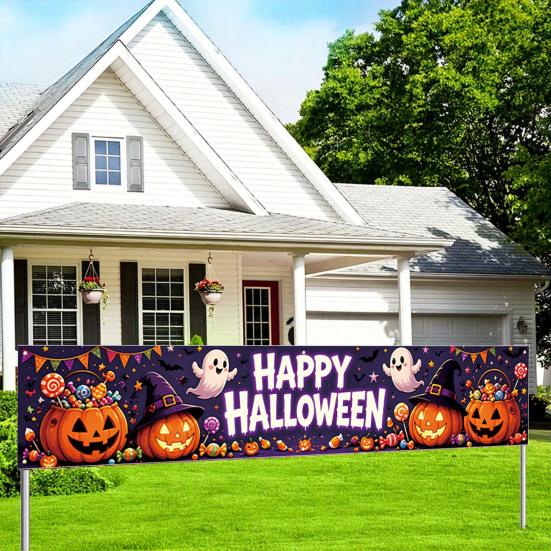 Outdoor Hanging Banners Halloween Fence Banner, 118 x 20 Inch Large Yard Sign Banner Flag, Scary Trick or Treat Party Decor Backdrop Decoration