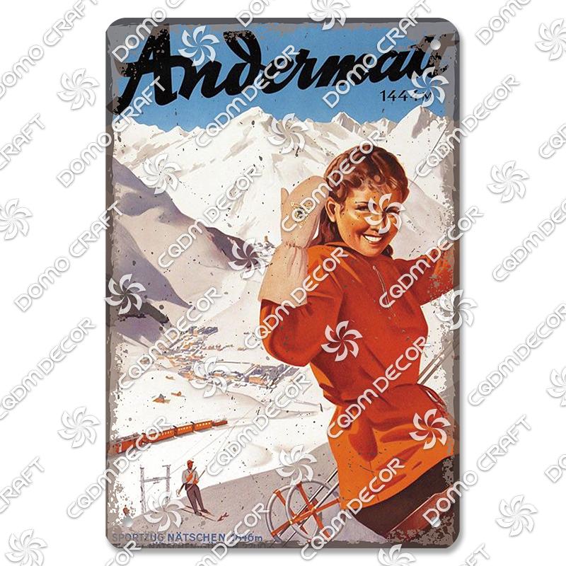Ski Poster Metall Blechschilder Skipiste Schlitten Winter Skifahren Sport Metallplatte Vintage Wanddeko Geschäft Ski Club Wohnzimmer Zuhause