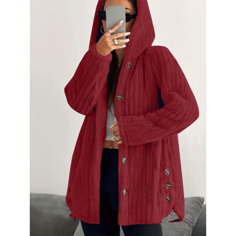 Women's Winter Long Female Warm Loose Plush Hooded Thick Coat Jacket Button Hooded Loose Coat Winter Outerwear