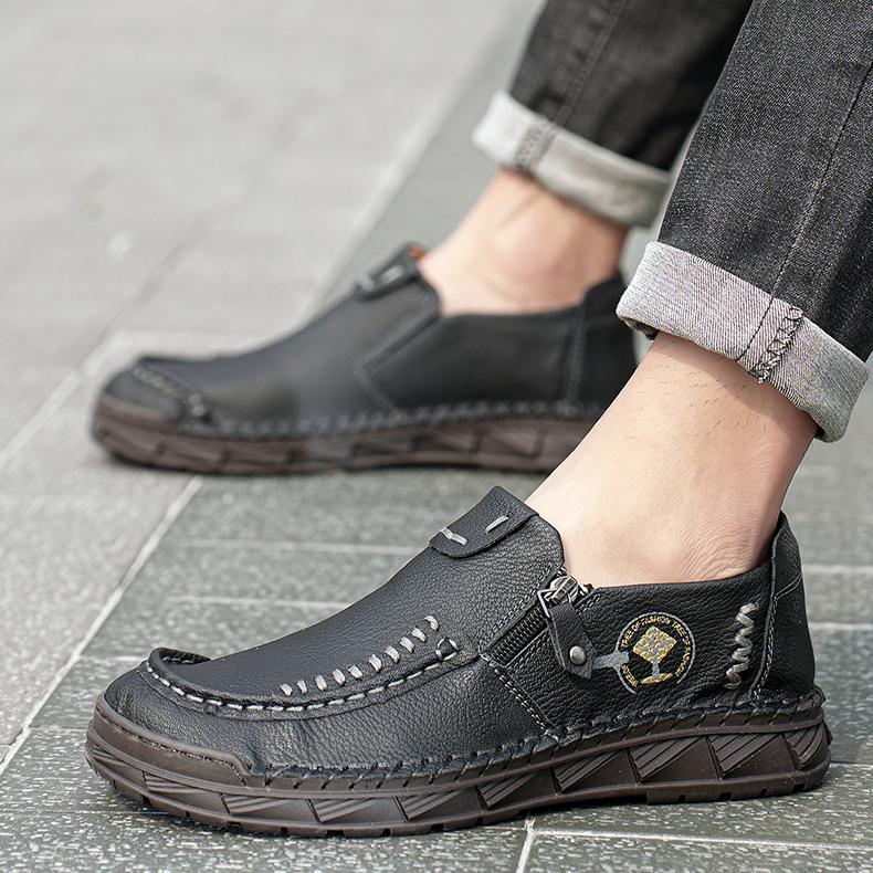 Men's Leather Boots Zipper Low Top Casual Shoes Outdoor Driving Handmade Shoes 39-48