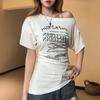 Women's Diagonal Off Shoulder Letter Print Short Sleeve T-Shirt Slim Waist Ruched Irregular Hem Y2K American Pure Desire Summer Club Top