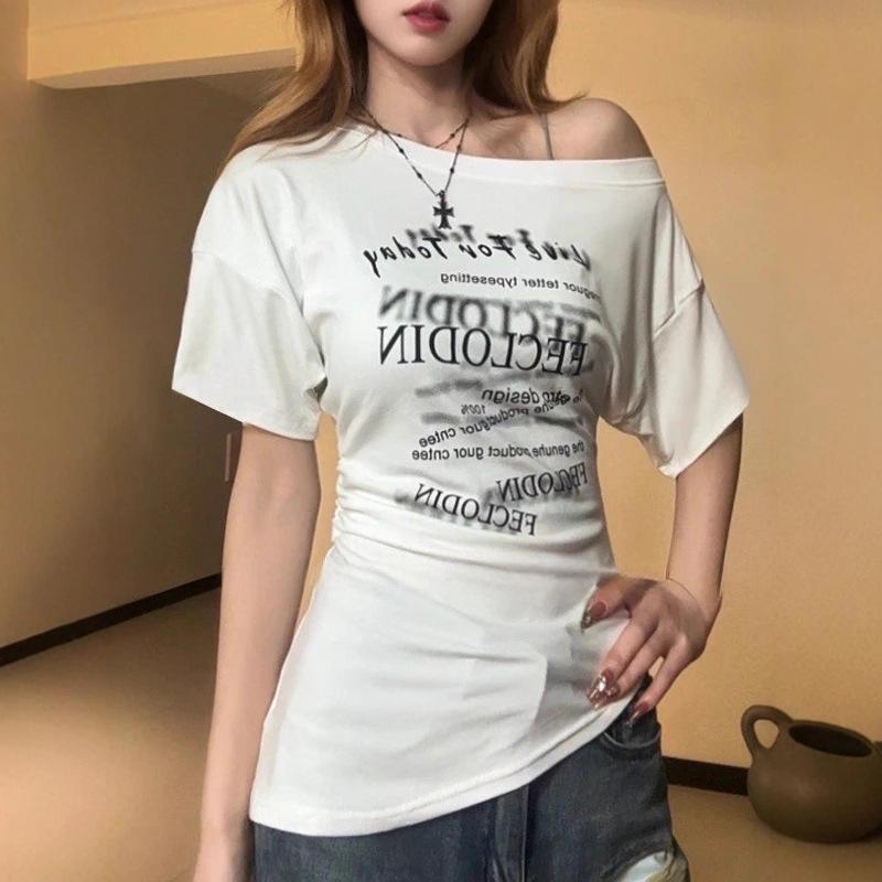Women's Diagonal Off Shoulder Letter Print Short Sleeve T-Shirt Slim Waist Ruched Irregular Hem Y2K American Pure Desire Summer Club Top