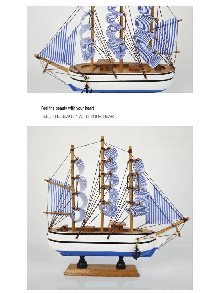 24cm Wooden Sailboat Model Mediterranean Decor