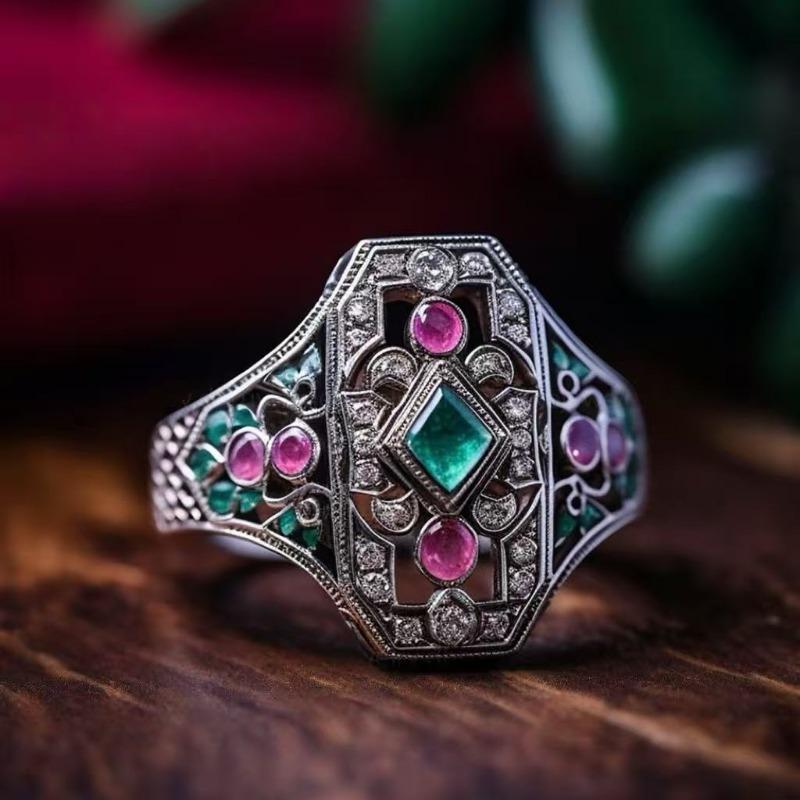 Environmentally Friendly Alloy Ring Inlaid with Red and Green Colored Diamond Jewelry, Palace Style Luxury Women's Diamond Ring