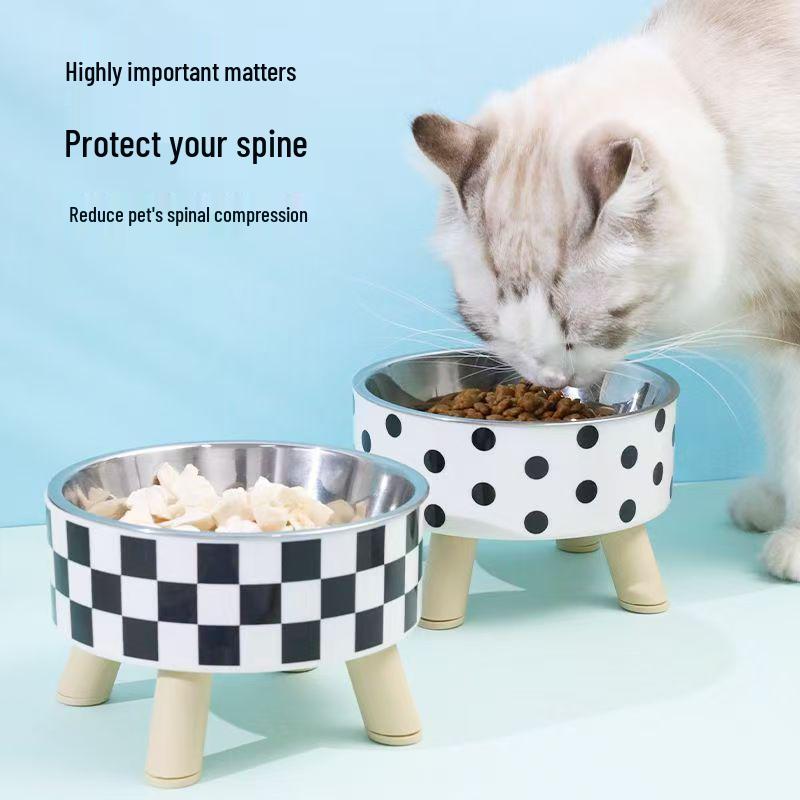 Polka Dot High-Footed Stainless Steel Pet Bowl - Anti-Spill, Neck Protection for Cats & Dogs