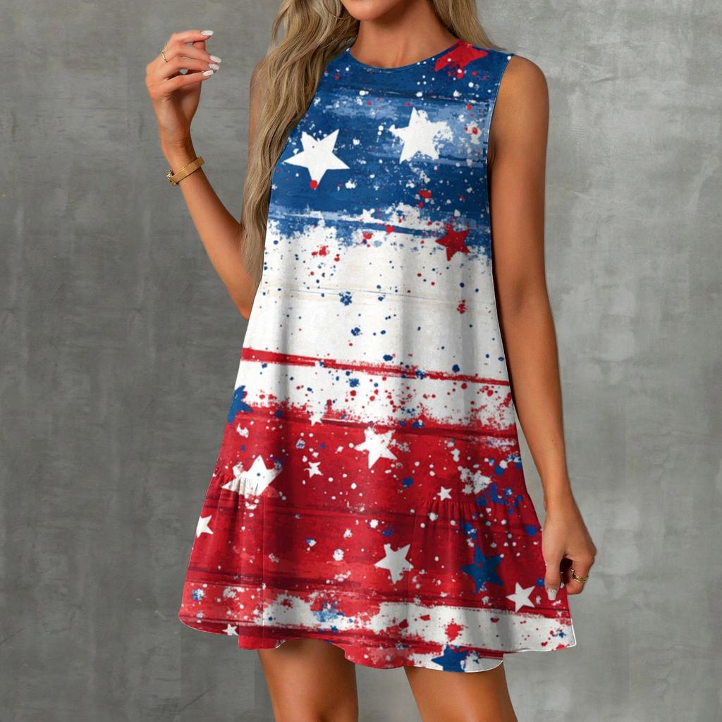 Women's Fashion Casual Sleeveless Round Neck Ruffle Independence Day Printed Dresses