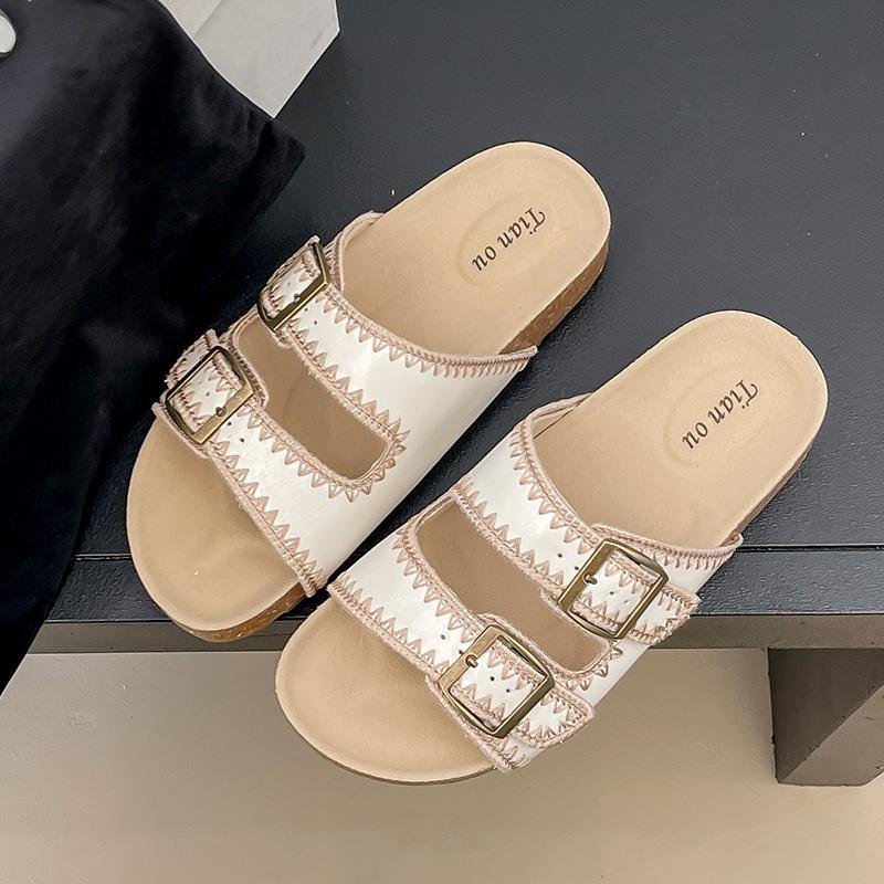 

2025 Korean version of spring new fashion casual belt buckle one-word slippers open-toed cool slippers 35