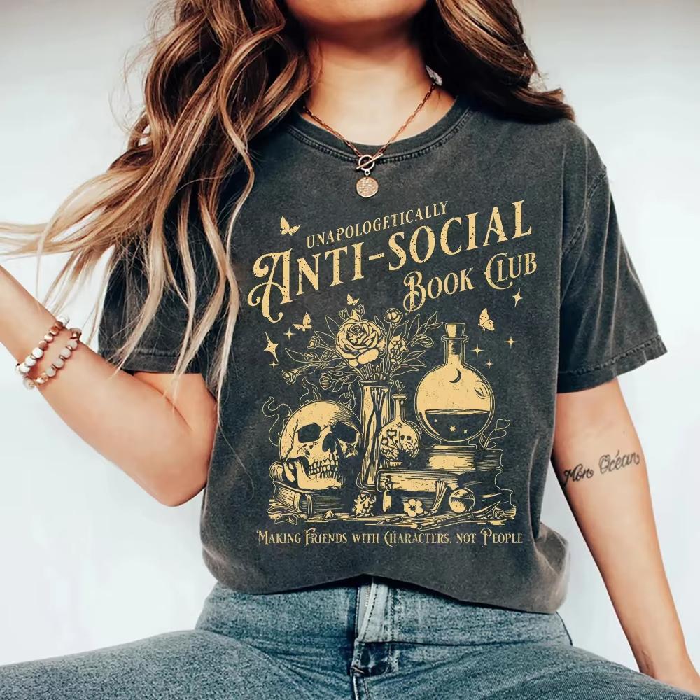 AntiSocial Book Club TShirt Introverted Reader Vintage Style Graphic Tee Unisexs Womens Short Sleeve TShirt Half Sleeve Top