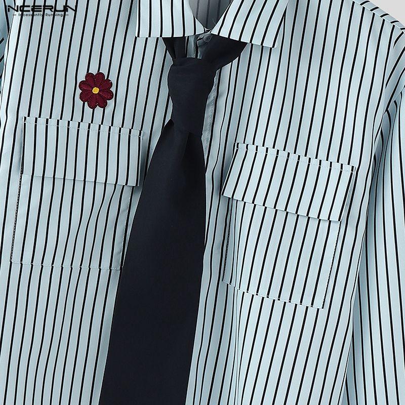 INCERUN Oversized College Style Men Turn-down Collar Tie Long Sleeve Striped Casual Shirts