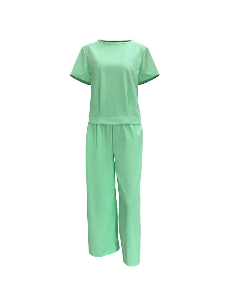 European Summer Pink Linen Women's Two-Piece Set: Short Sleeve Top & Wide-Leg Pants