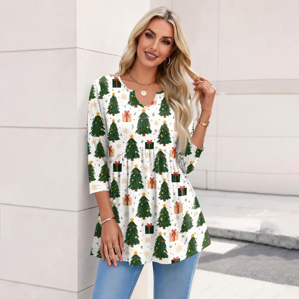 Women's Fashion Casual Christmas Print V-Neck Three-Quarter Sleeve Blouse