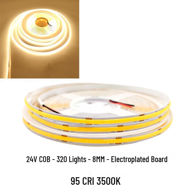 COB LED Strip Light 12V/24V, 320/480 LEDs, 8MM, 90 CRI, Self-Adhesive, Aluminum Channel.