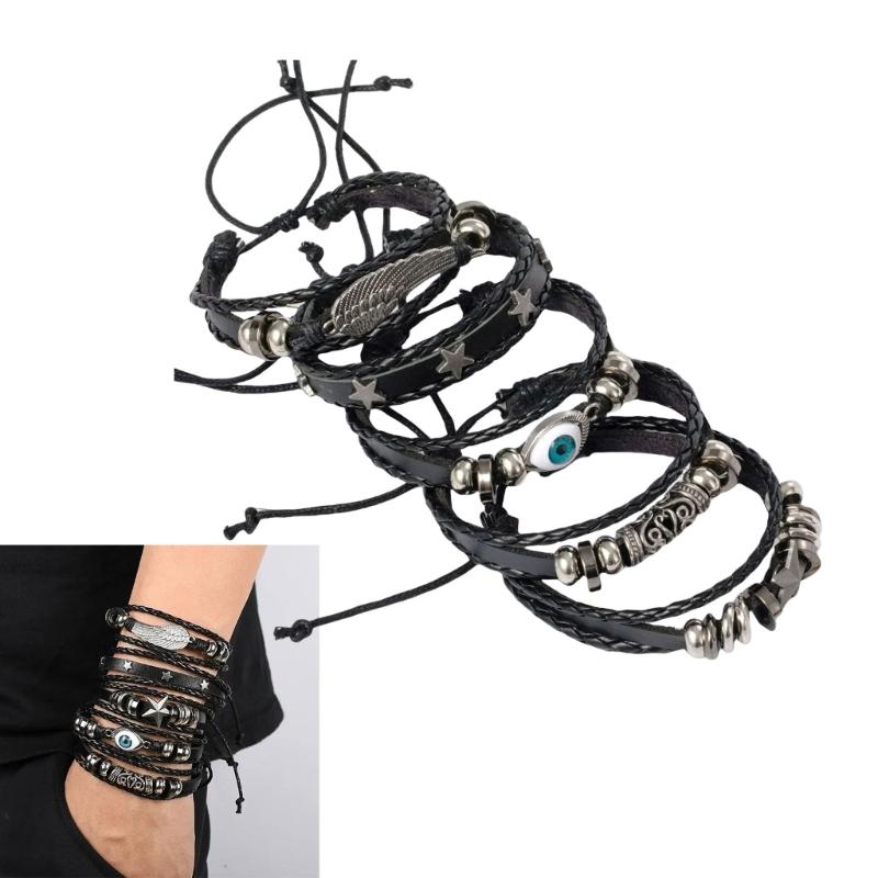 Woven Leather Bracelet Set Handmade Bracelet Adjustable Size Bracelet Multifuntional Fashion Accessory for Man and Woman