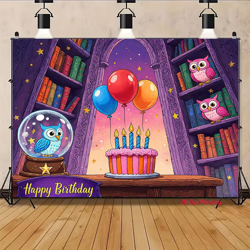 2D Harry Potter Style Birthday Backdrop, Magical Owls & Wizard Bookshelf Ban