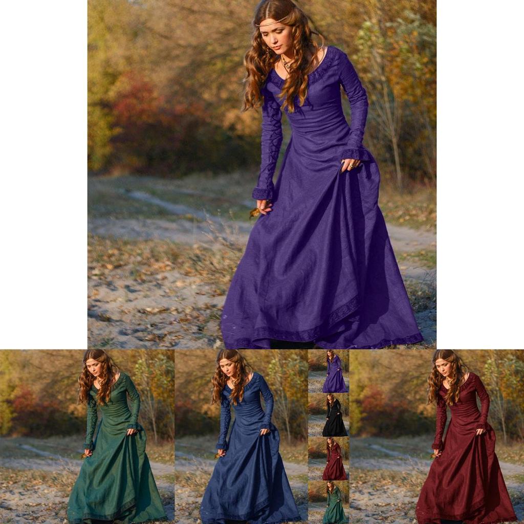 Elegant Women's Medieval Dress With Long Sleeves For Gothic Halloween Cosplay Events