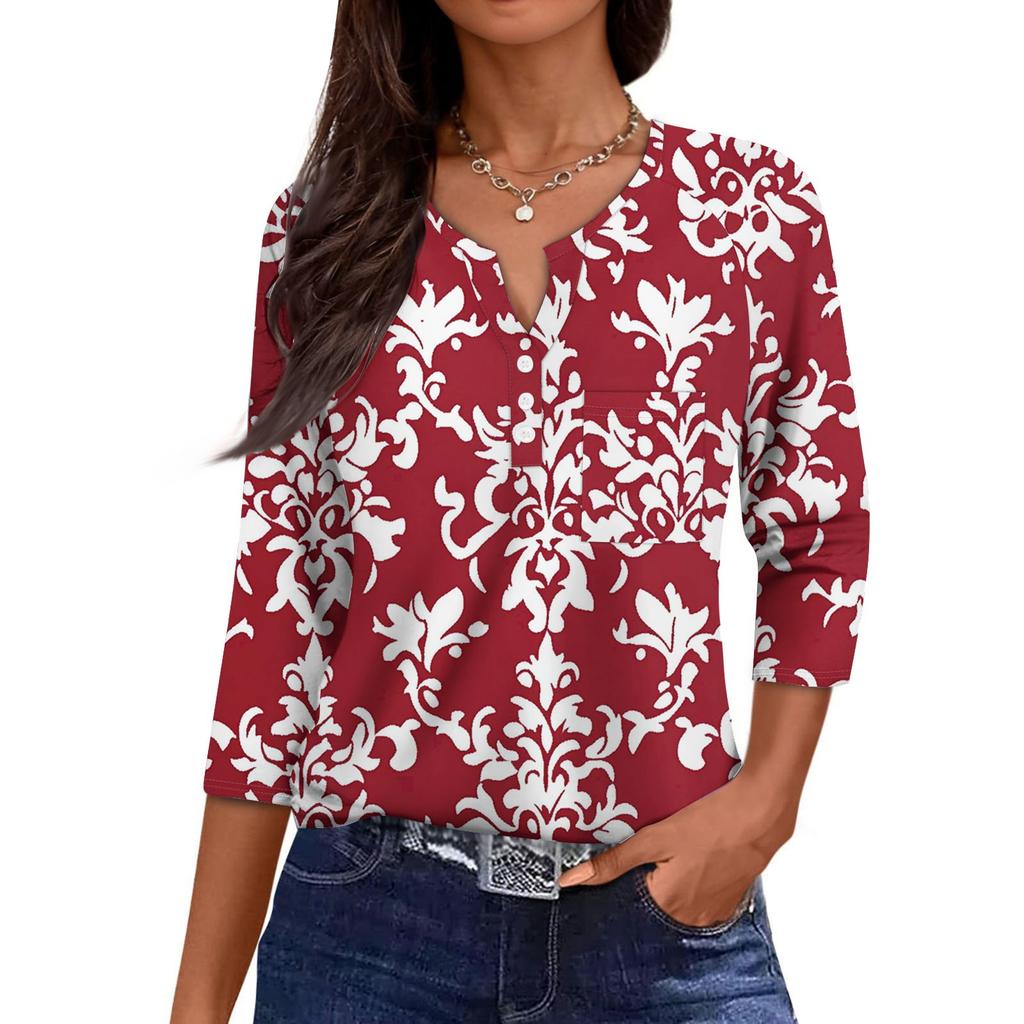 Ladies Casual Fashion V-neck Loose Versatile Floral Print Three-quarter Sleeves