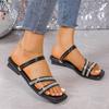 Fashion Women Summer Rhinestone Flat Sandals 2024 New Fashion Gold Square Toe Casual Slippers Woman Outdoor Non Slip Beach Slides Shoes