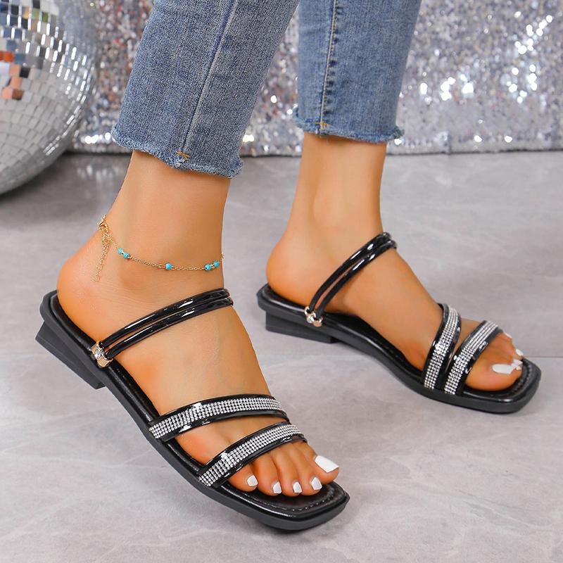 Fashion Women Summer Rhinestone Flat Sandals 2024 New Fashion Gold Square Toe Casual Slippers Woman Outdoor Non Slip Beach Slides Shoes