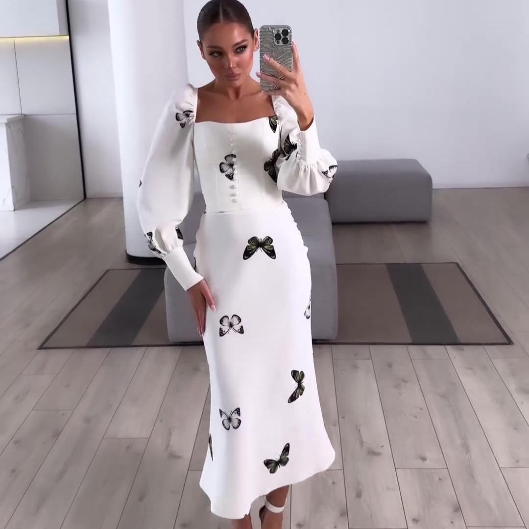 

2024 Autumn Retro French Square Neck Puff Sleeve Print Long Dress XXXL белый