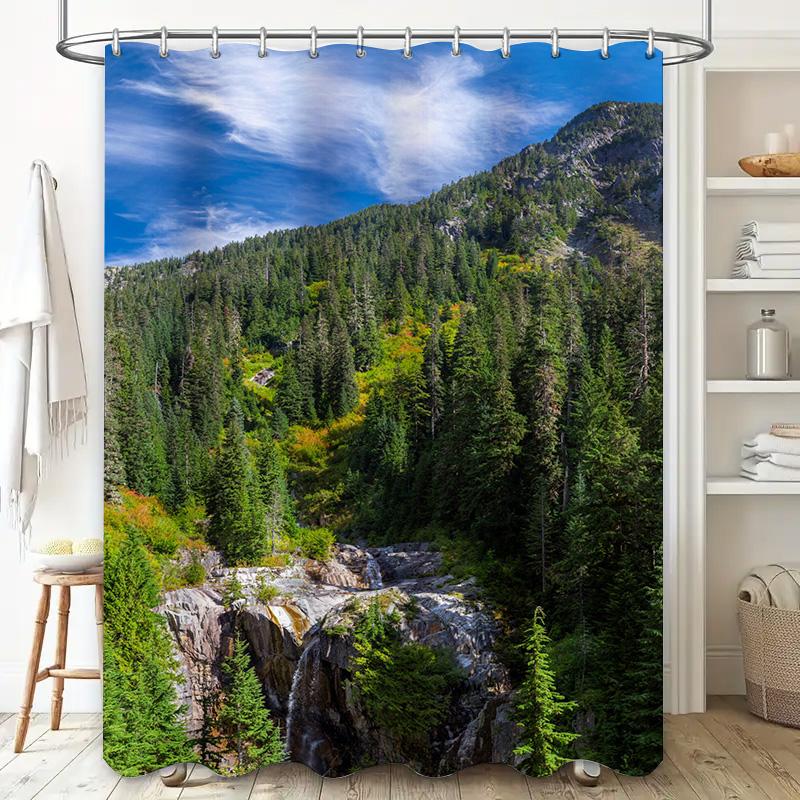 Nature Inspired Shower Curtain with Mountain Landscape Design for Bathroom Decor Blue Sky Forest Greenery 3D Printing Waterproof
