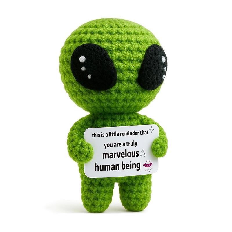 Funny Alien Crochet Doll With Cards Positive Energy Crocheted Earth Desktop Ornament Handmade Knitted Cow Doll  Home Room Decor