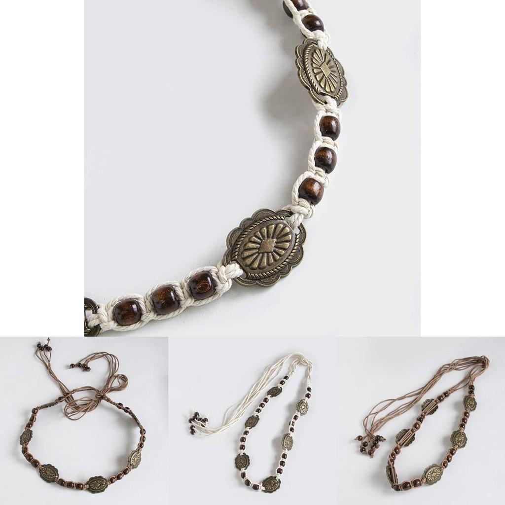 Bohemian Style Metal And Wooden Bead Decor Women Woven Belt For Casual Summer Vacation