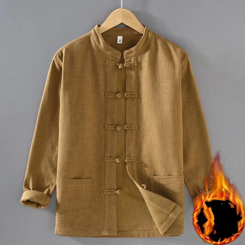 

Зимняя теплая мужская рубашка Хлопок Лен Утолщенное Повседневное Пальто Воротник-стойка Застежка-диск Рубашка Серая Флисовая Куртка Китайская Традиционная Одежда XXXL дубильная кора