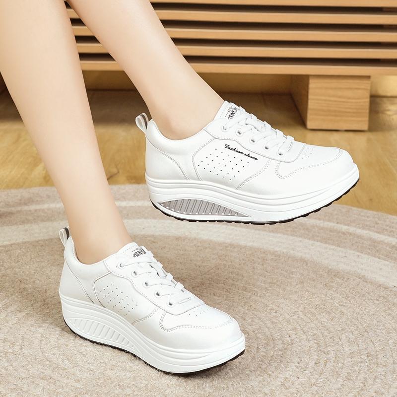 Sneakers con Zeppa in Pelle Bianca con Aumento di Altezza da Donna Mocassini Casual con Suola Spessa Scarpe da Ragazza