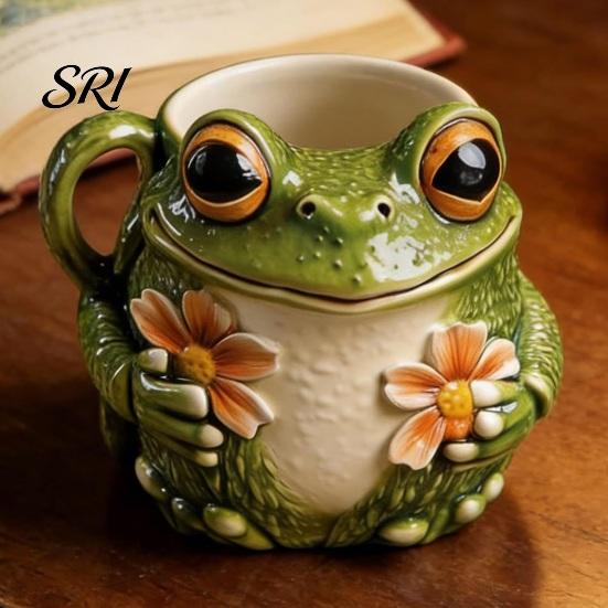 Nature Inspired Ceramic Mug Frog Shape with Tiny Flowers Smooth Texture Coffee Tea Cup Charming for Morning Joy Cozy Woodland Character Gift