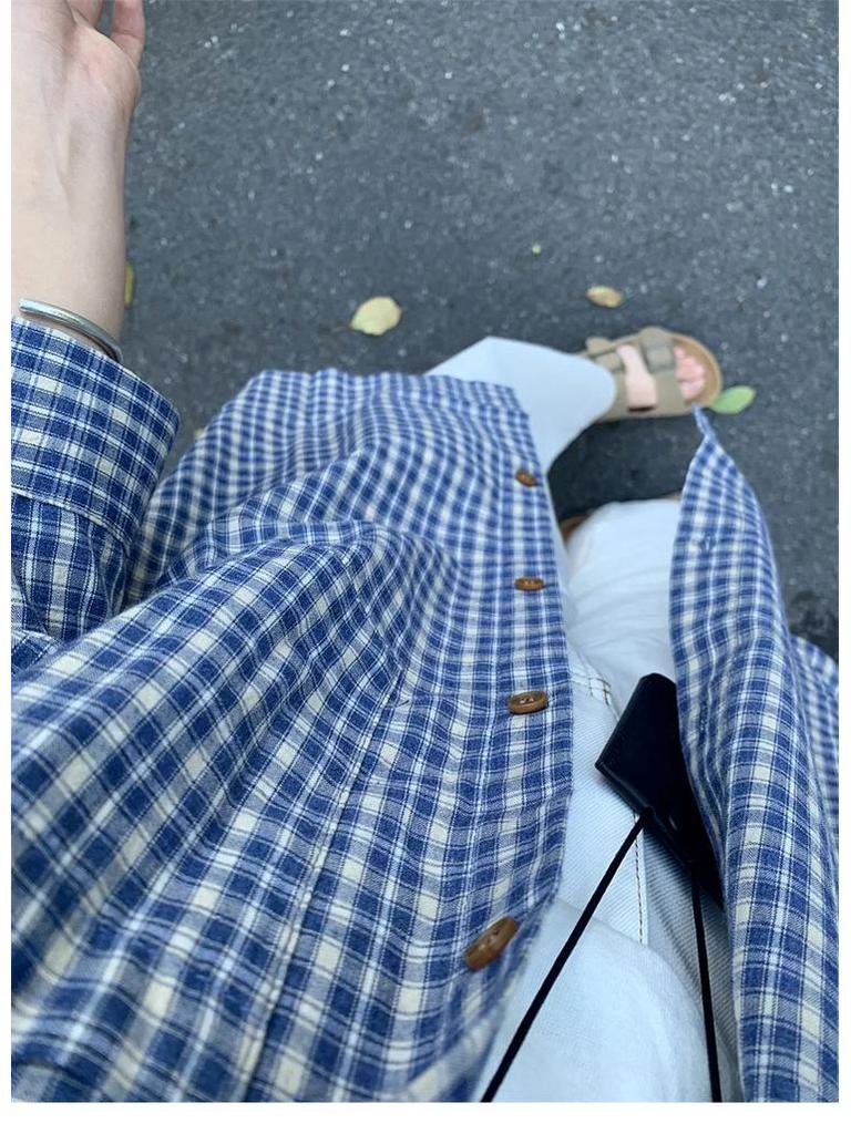 Women's Early Autumn Casual Blue Plaid Jacket-Shirt, American Retro Style