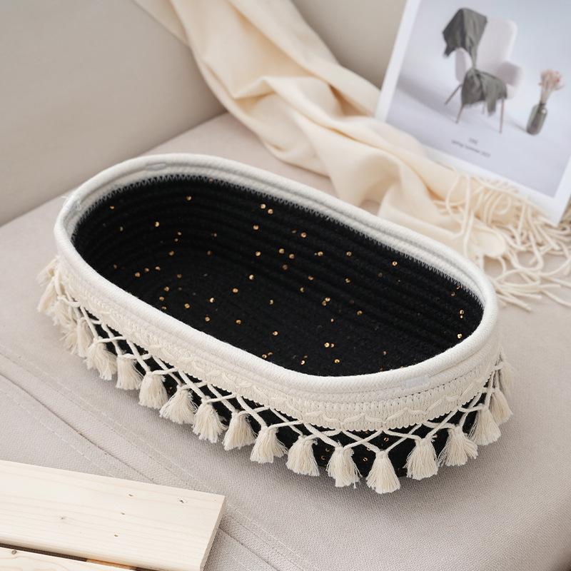 Beiger Baumwollseil Quastenkorb, Wohnzimmer-Organizer im Bauernhausstil