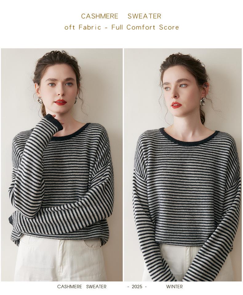Women's Trendy Striped Cashmere Knit Pullover Sweater - Round Neck, Long Sleeve, Autumn/Winter Casual Wear