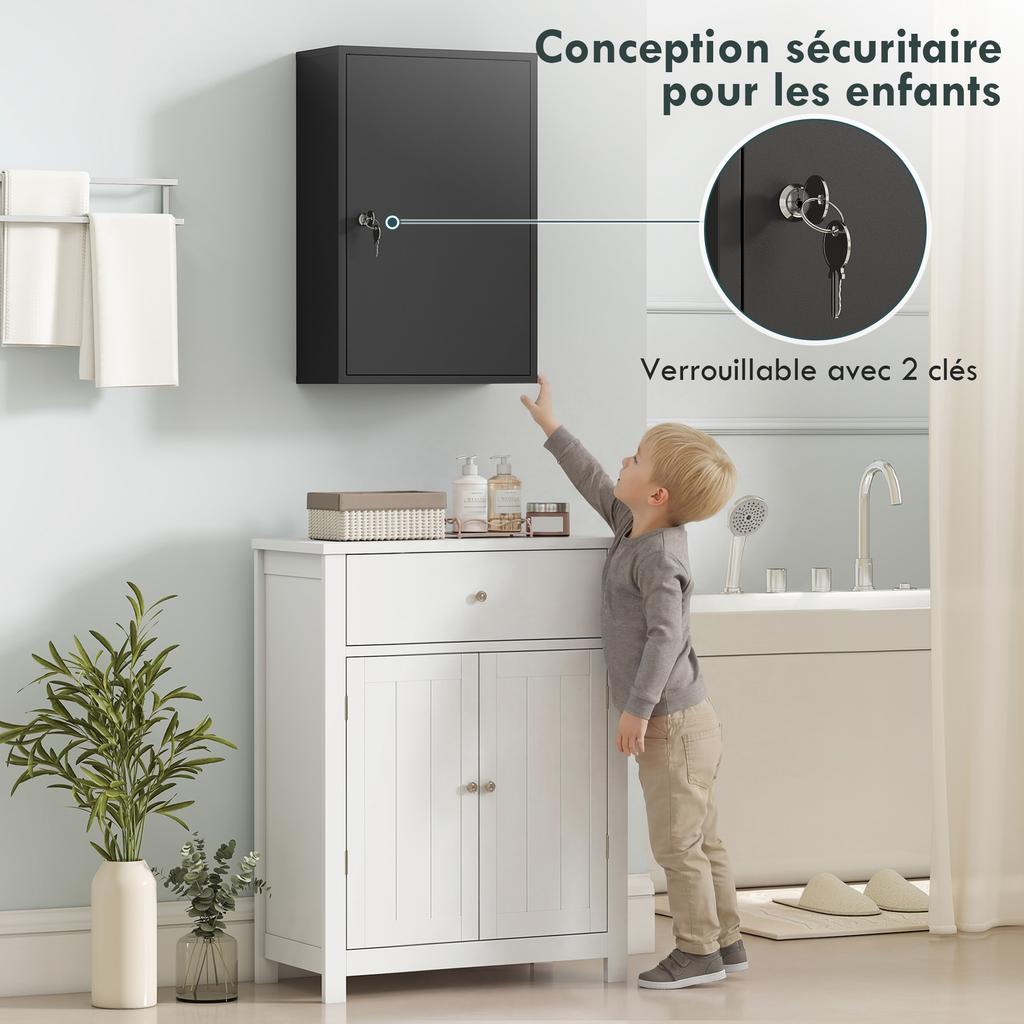 Medicine Cabinet, 2-Shelf 3-Tier, Lock, 40 x 18 x 60 cm, 2 Keys, Metal, Black