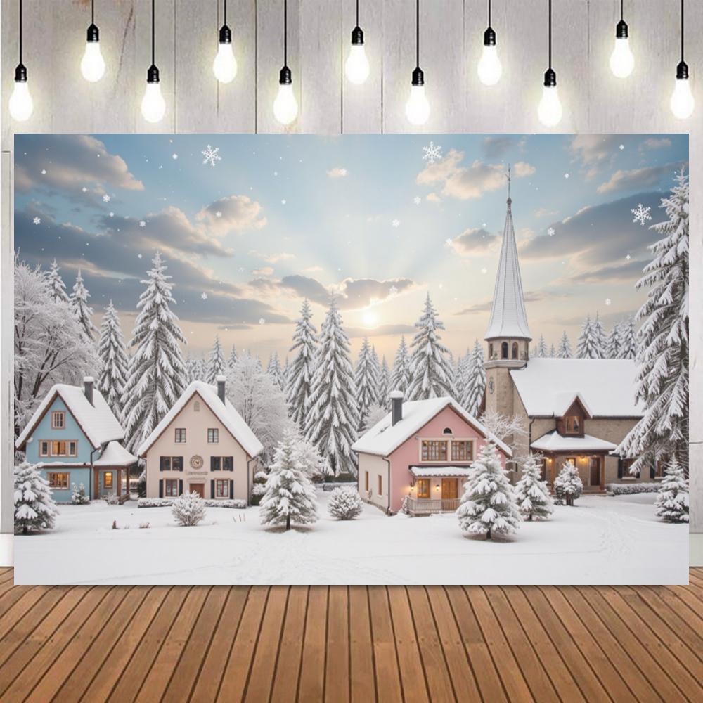 Snow Winter Christmas Village Background Pine Tree Houses Backdrop New Year Home Decoration Photography Photo Studio Props12