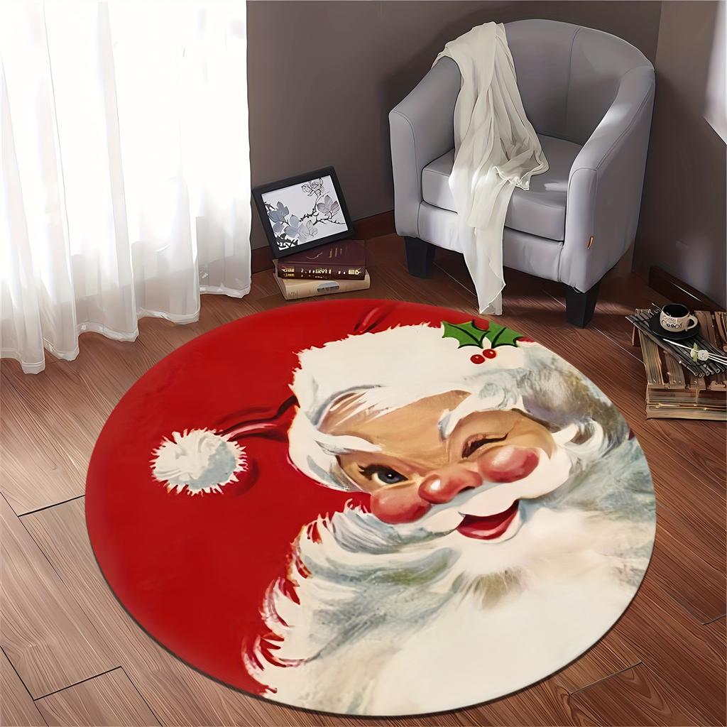 1Pcs Christmas Santa Claus Print Round Area Rug Indoor Non-Slip Washable Fiber Carpet Soft Comfortable Mat For Bedroom Living Room