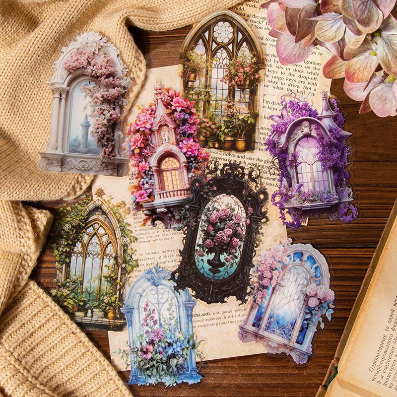 Retro European Style Floral Window PET Sticker - DIY Decorative Material, 6 Designs