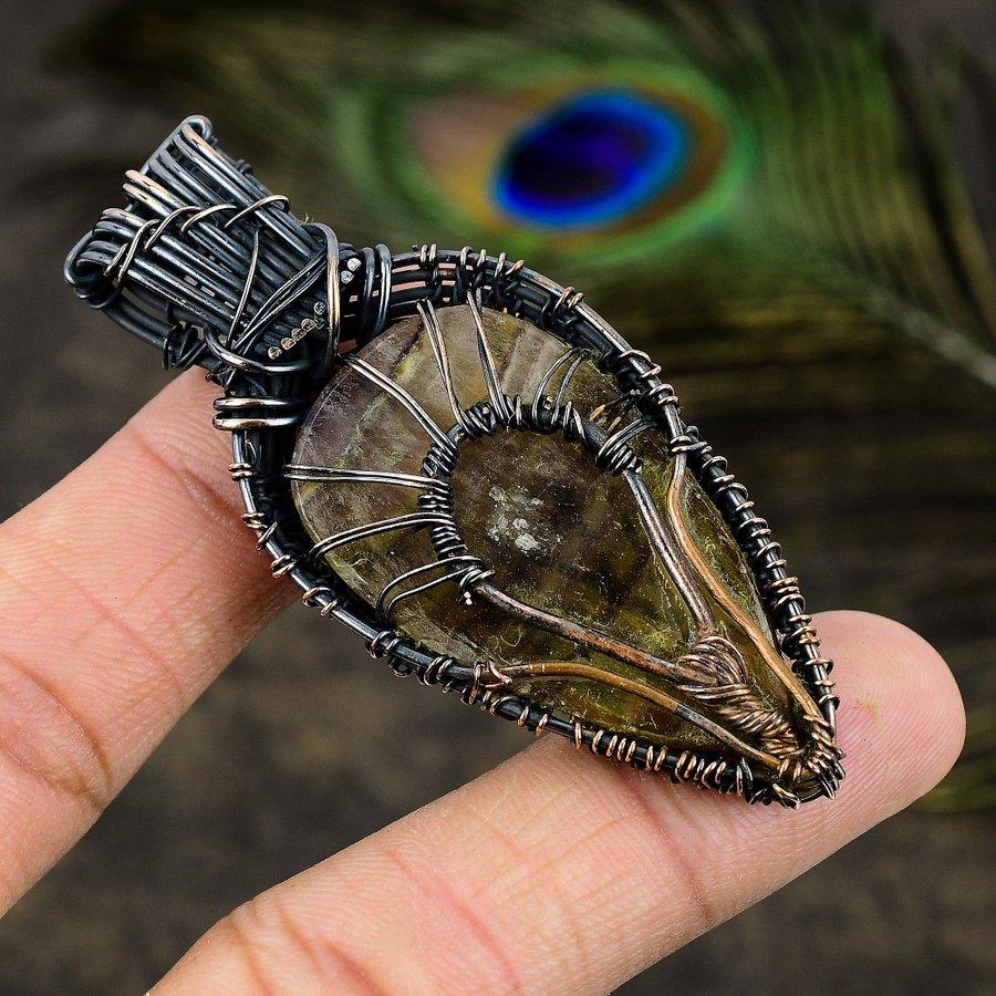 Fluorite, Moonstone Gemstone Copper Wire Wrap Jewelry Pendant 2.84"