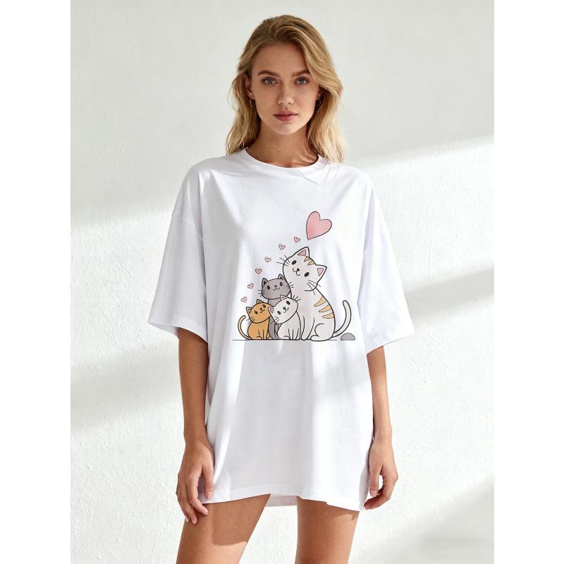 

Cute Cat Family Print Oversized T-Shirt Black With Heart And Cats Design For Casual Wear And Everyday Outfits XXXXL белый