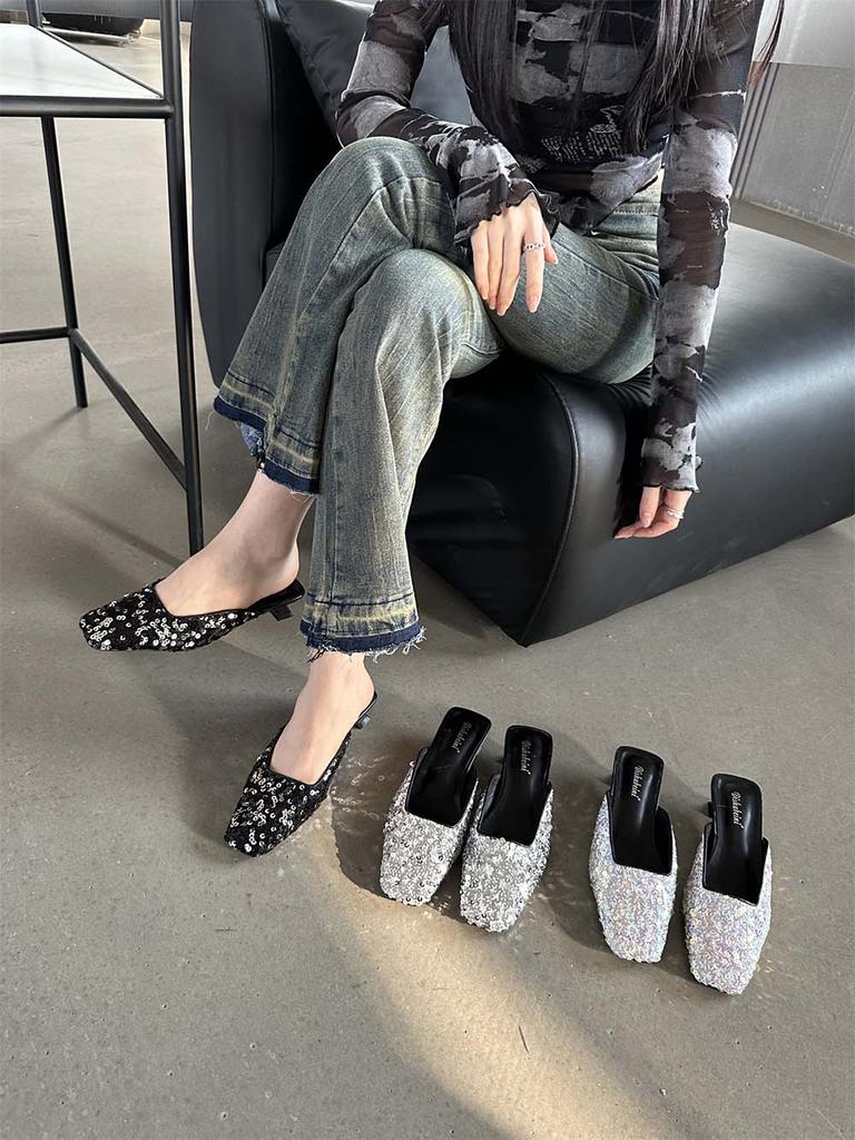 Fashion Square Toe Women Slides Slippers Summer Outside Dress Shoes Black Silver 2024 New Arrivals Party Thin Low Heels Sequined Cloth