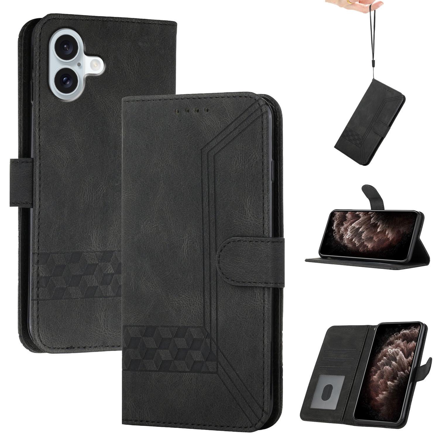 

YX0010 Series for iPhone 16 Plus Case Rhombud Lines Imprinted Leather Phone Cover Black