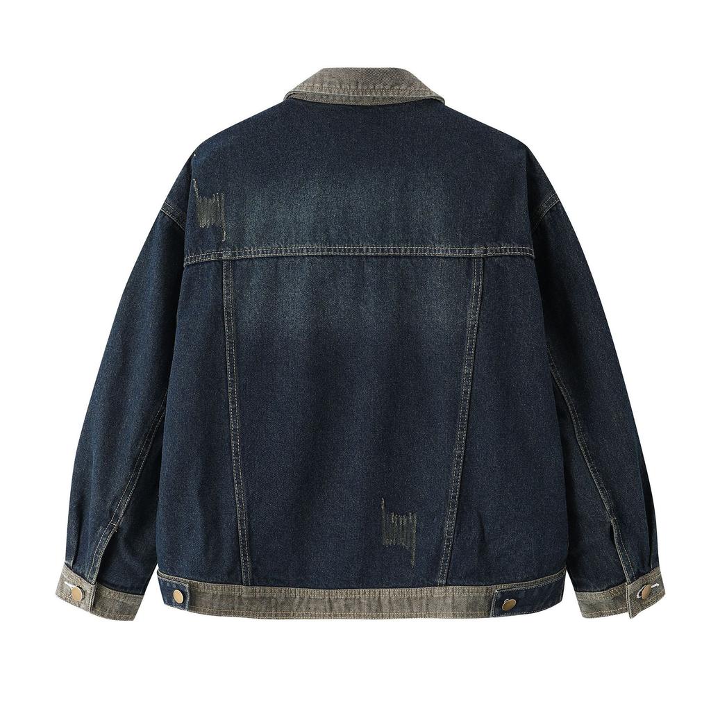 Mode Damejakke Efterår Vinter Løs Denimjakke Vasket Blå Patchwork Jeansfrakke Omvendt Krave Ydertøj