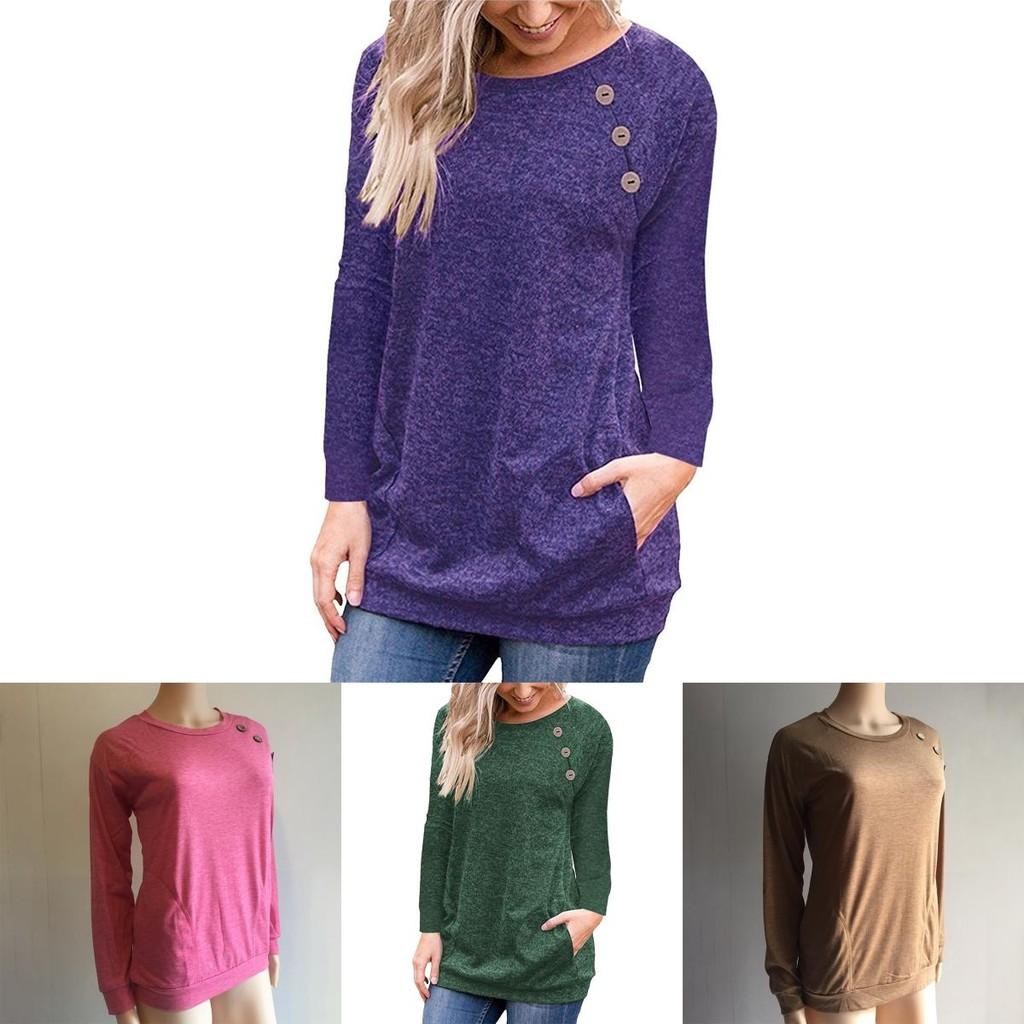 Stylish Women's Pullover Long Sleeve Solid Button Sweatshirt Top For Casual Wear