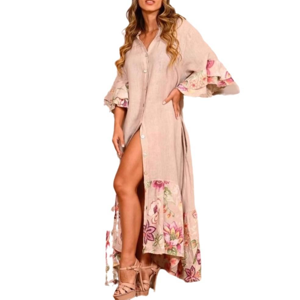 European and American Popular, Printed Splicing Split Sleeve Ruffle Edge Long Shirt Dress