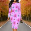 Plus Size Women Long Sleeve Round Neck Midi Dress Vibrant Butterfly Print Fitted Pencil Dress
