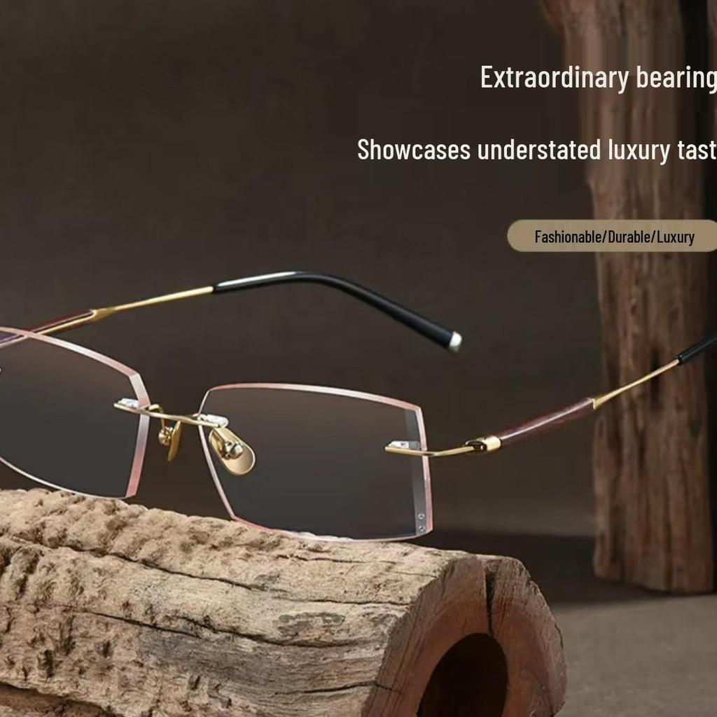 Men's Rimless Eyeglass Frames: Pure Titanium, Sandalwood Temples, Elegant Business Style, Fashionable Myopia Glasses
