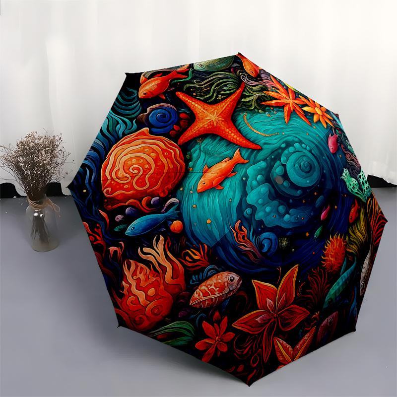 Underwater Paradise: Vibrant Sea Life Circular ArtworkUmbrella, Portable 3-Fold Compact Umbrella for Men & Women Gift