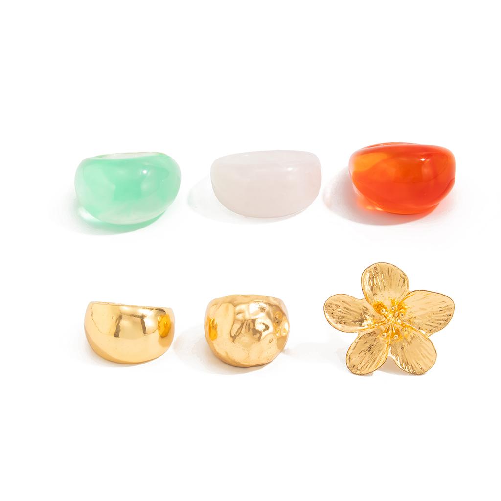 Ingemark 6Pcs/Set Vintage Geometry Resin Flower Rings for Women Trendy Creative Metal Open Adjustable Knuckle Rings Jewelry Gift