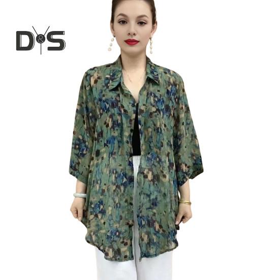Women Shirt Lapel 3/4 Sleeve Sunscreen Shirt Printing Sun Protection Thin Mid-length Shirt Loose Fit Tops Daily Wear