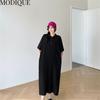 MODIQUE Summer Plus Size New Women Loose A-Line Printing Solid Color Long Dresses Elegant Lady Casual Cotton POLO Short Sleeve Skirt