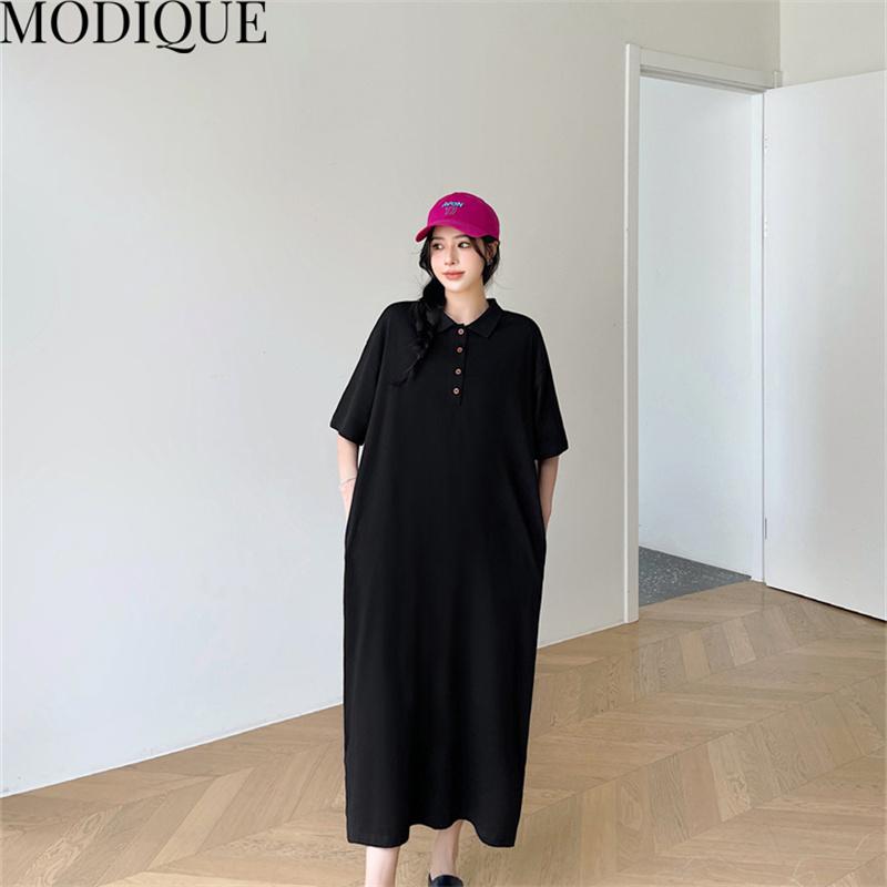MODIQUE Summer Plus Size New Women Loose A-Line Printing Solid Color Long Dresses Elegant Lady Casual Cotton POLO Short Sleeve Skirt